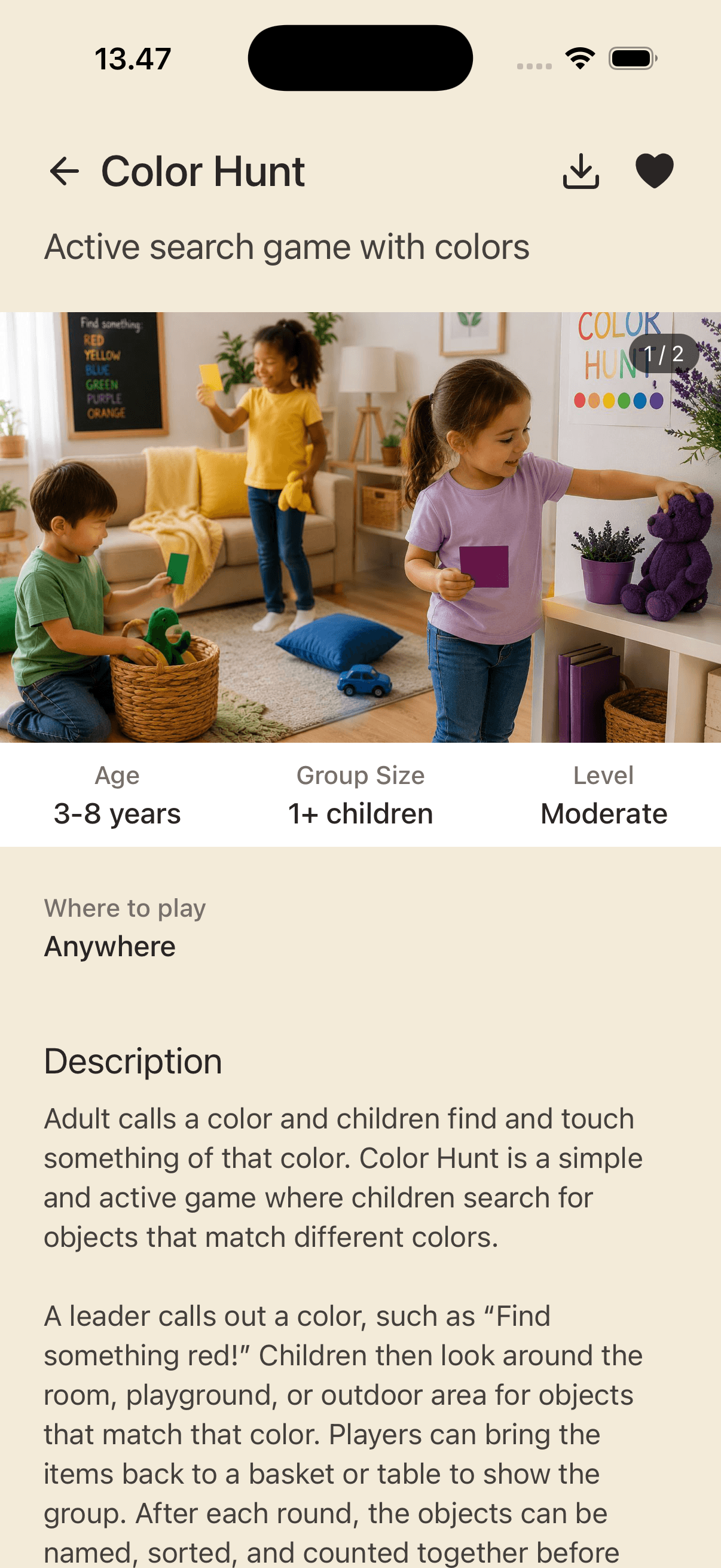 Leikvin game detail screen showing Color Hunt