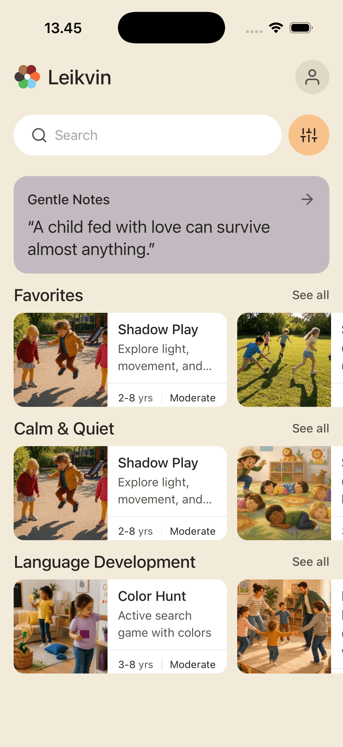 Leikvin home screen showing a catalog of games for kids